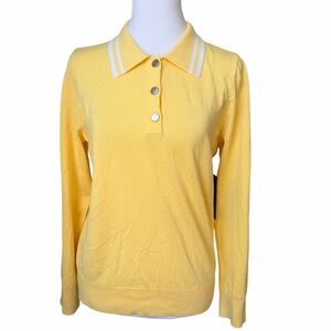 NWT BCBG Women’s Medium Soft Yellow Polo Knit Rayon Sweater White Trimmed Collar